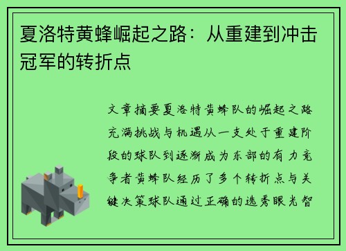 夏洛特黄蜂崛起之路：从重建到冲击冠军的转折点