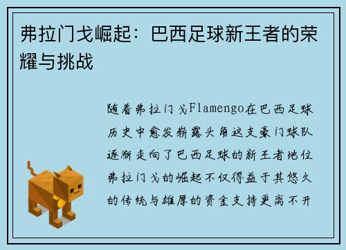 弗拉门戈崛起：巴西足球新王者的荣耀与挑战